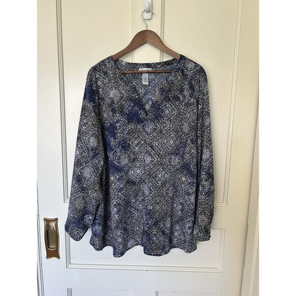 Catherines Geometric Design Button Blouse Womens Size 2X Blue Black Classic - Picture 1 of 8